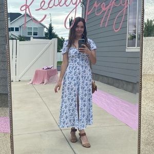 Blue Floral Tie Front Square Neck Dress